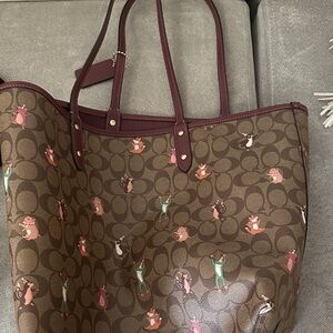 Coach Brown Tote Bag with Burgundy Handles